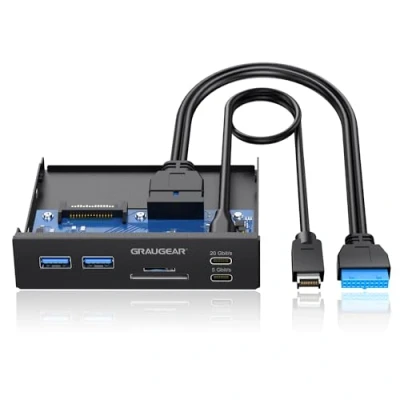 Bild av GRAUGEAR 6 gränssnitt frontpanel i 3,5 tum, USB 3,2 Gen2 x 2 Typ C upp till 20 Gbit/s, A+USB C, SD+microSD kortläsare, Key A stift och 19 stiftshuvud, metall