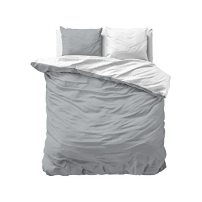 Bild av Sleeptime sängkläder 220 x 240 cm 100% bomull vit/grå påslakan för 2 personer, mjukt utan strykning med knappstängning Tvåfärgad örngott 60 70