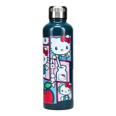 Bild av Paladone Hello Kitty officiell licensierad rosa och blå färgglad metallvattenflaska Sanrio läckagesäker resetumlare passar standardkopphållare, present kontorsdekor