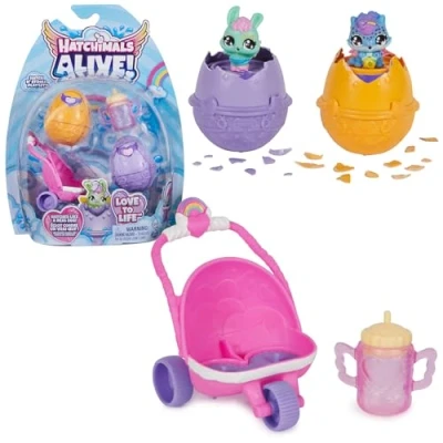 Bild av Hatchimals Alive Tvillingvagn lekset med 2 minifigurer i självkläckande ägg och 3 tillbehör för fantasifullt rollspel, leksaker barn från år