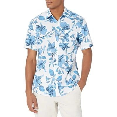 Bild av Amazon Essentials Men&#039;s Kortärmad tryckt skjorta smal passform, Blå Blommigt tryck, M