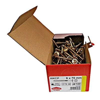 Bild av KLIMAS träskruvar Torx panhead skruvar TX Yellow Screws plana trä set takkonstruktionsskruvar 6x70 mm 100 stycken