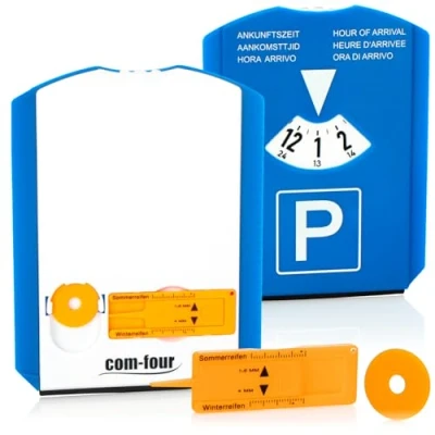 Bild av COM FOUR® 2x parkeringsskiva med isskrapa, gummiläpp och shoppingvagnschip däckmönstermätare plastparkeringsmätare (02 delar chip + profilkniv)