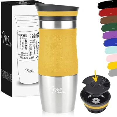 Bild av Milu termosmugg 370 ml, 450 isolerande mugg, kaffemugg to go 100 % läckagesäker dryckesmugg i rostfritt stål bilmugg, dubbelväggsisolering, resemugg (mango, ml)