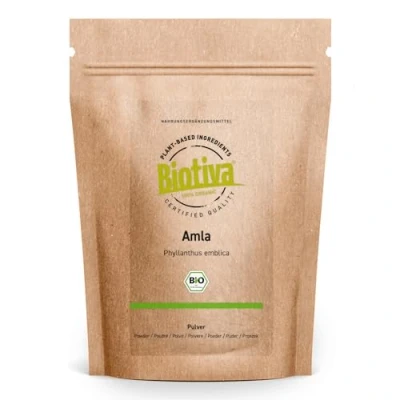 Bild av Biotiva Amla pulver Bio 100g AMALAKI Indiska krusbär utan släppmedel fyllmedel flaska och kontrolleras i Tyskland (DE ECO 005)
