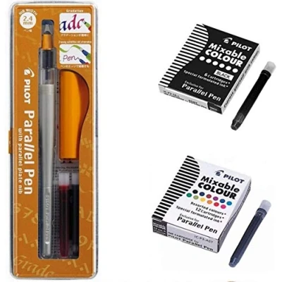Bild av Set med pilot parallell penna 2,4 mm + 1 låda 12 bläckpatroner, olika färger, 6 svarta patroner linjal bokmärken av trä blomma