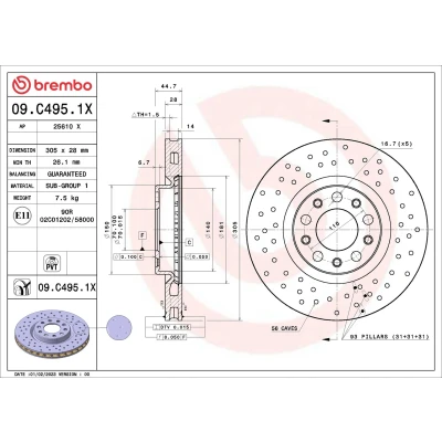 Bild av BREMBO 09.C495.1X Disque de frein 305 28 5 perforé/ventilé l&#039;intérieur revêtu ALFA ROMEO: Giulia Berline