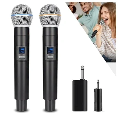 Bild av HUACAM 2.4G trådlös mikrofon, dubbla mikrofoner för karaoke, dynamisk mikrofon med uppladdningsbar mottagare, plug and play, bröllop, kyrka, PA system (W58)