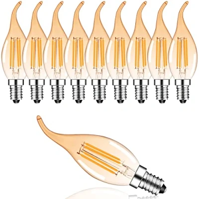Bild av Suncan Förpackning med 10 C35 4 W retro dimbar filament LED lju, 2700 K varm vit, 300 lumen, ersättning för 30 glödlampor, E14 uttag, flamform, guldpläterat glas, energiklass F
