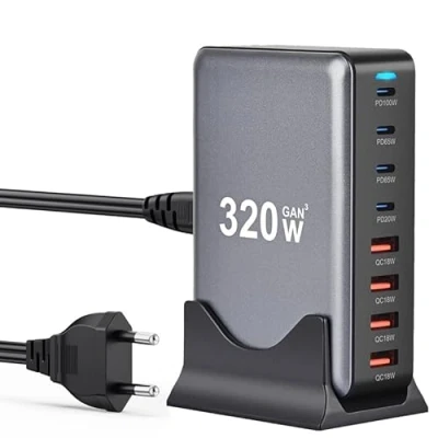Bild av USB C Charger Block 320W 8 Port GaN3 Fast Charging Station Compatible with Laptop,ipad, iPhone 16/15/14/13 /12 Pro Max Pixel Note MacBook Pro/Air for Android