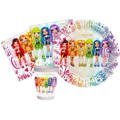 Bild av Party Tableware Set Rainbow High for 24 people (88 pcs: plates Ø18cm, cups 200ml, 40 napkins 33x33cm) in eco friendly compostable paper