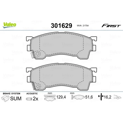 Bild av VALEO 301629 Jeu de plaquettes frein FIRST Essieu avant contact signal d&#039;usure inclus avec tôle anti bruit MAZDA: Premacy, 323 F 6