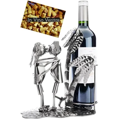 Bild av BRUBAKER Vinflaskeståndare Älskare med palmer Metal Bottle Holder Holiday Couple on the Beach 24 cm flaskställ dekoration gratulationskort Vin present till alla hjärtans dag