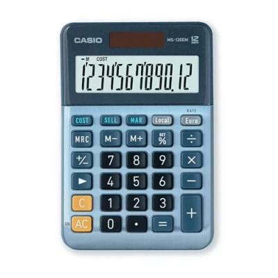 Bild av CASIO Bordsräknare MS 120EM, 12 siffrig valutakonvertering, kostnad/försäljning/margin, aluminiumfront, sol /batteridrift