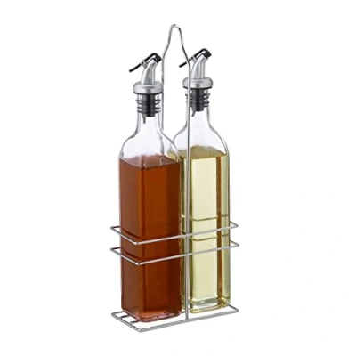 Bild av Relaxdays vinäger och oljedispenserset, 500 ml glasflaskor, järnram, hällpip, HBT: 34 x 13,5 7,5 cm, transparent
