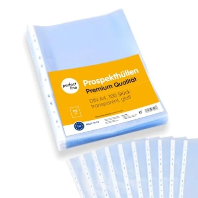 Bild av perfekt line 100 plastmappar DIN A4, plastfickor för A4 papper, transparent, Kristallklara, släta, extra starka, robusta premiumark, syrafria, Dokumentsäkra, Made in EU