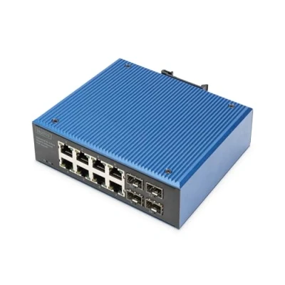 Bild av DIGITUS PoE nätverksswitch 12 portars Gigabit Ethernet 8x RJ45 + 4x SFP IP40 10/100/1000 Mbit/s DIN skenmontage industriell serie svart/blå