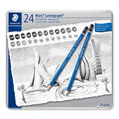Bild av STAEDTLER Zeichenbleistift Mars Lumograph Sechskantform, unglaublich bruchfeste Premium Bleistifte, hohe Qualität, 24 Härtegrade im Set, Metalletui, 100 G24