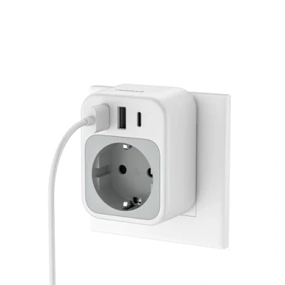 Bild av TESSAN Ladron uttag med USB C, 4 i 1 laddare tjuv uttag, vägguttag 3 USB, flera väggar för kontor, kök, kompatibel mobiltelefoner, vit och grå