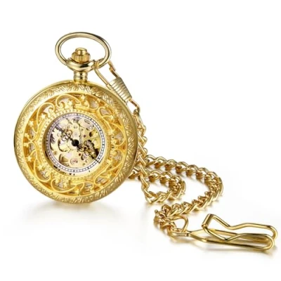 Bild av JewelryWe Fickur guld automatisk klocka herr: Vintage ihåliga snidade mönster mekanisk kedjeklocka, romerska siffror, skelettklocka med kedja, midjekedja, gåva för män kvinnor, A51992