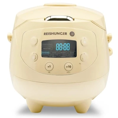 Bild av REISHUNGER Mini Digital Rice Cooker &amp; Steamer ljusgul med värmefunktion, timer premium innerbehållare multikokare inkl. rissked mått, 8 program, 7 stegsteknik, upp till 3 personer