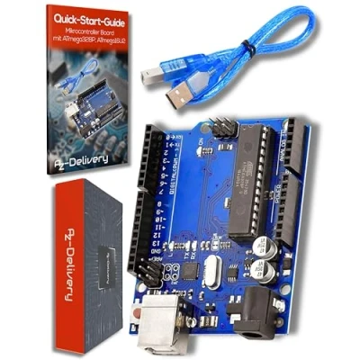 Bild av AZDelivery Mikrokontrollkort med ATmega328P, ATmega16U2 och inklusive E bok!