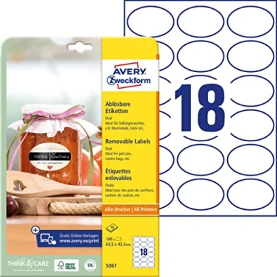 Bild av AVERY Zweckform 180 självhäftande flasketiketter (63, 5 x 42, 3 mm, ovala, klistermärken, perfekta för konserveringsburkar, kryddburkar, likörflaskor, hemgjorda från köket, art. 5087) 10 ark vita