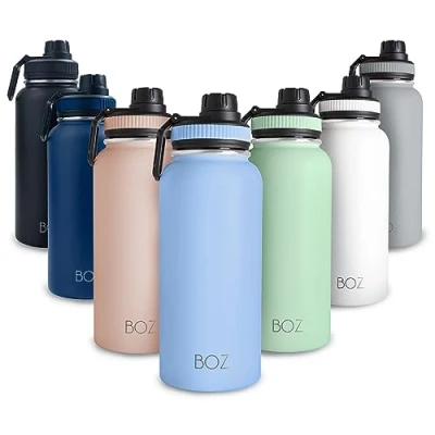Bild av BOZ vattenflaska i rostfritt stål Vaccumisolerad 32 Oz BPA fri sportvattenflaska med bred mun för gym piplock Termisk varm &amp; kall 1 liters ljusblå