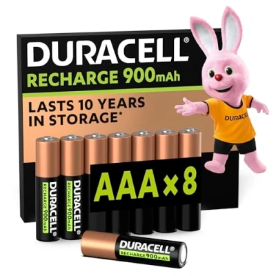 Bild av Duracell uppladdningsbara (8 pack), AAA batterier, 900 mAh NiMH, förladdade, det batteriet i vårt sortiment med längst livslängd, förpackning av 0% plast och 100% återvinningsbar