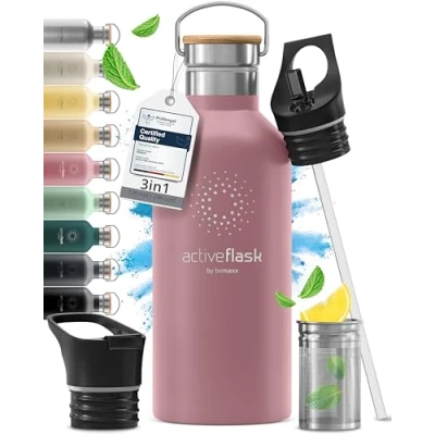 Bild av Vattenflaska i Rostfritt Stål, Isolerad ACTIVE FLASK + 3 Drycker Lock och Sugrör, Läckagesäker &amp; BPA fri Vakuumisolerade 12h Varm/24h Kall Termos Dricksflaska Thermoflaska Sport Camping Gym