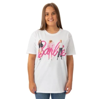 Bild av Barbie kvinnors karaktär med rosa logotyp kortärmad vit T shirt Ikoniskt märke Trendig design för damer Retro bekväm passform Movie Merchandise Gift X Stor