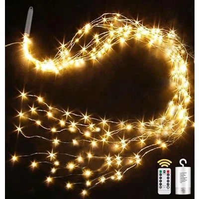 Bild av yowin Ljusslinga 2 m, 200 LED, julbelysning med batteri, timer, fjärrkontroll, ljusslinga, 8 lägen, vattenfallsljusslinga, vattentät, ljusbunt för jul, träd, utomhus, inomhusdekoration