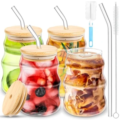 Bild av BUOAZR 4 Stycken Mjölk Spotted Kaffekoppar, 530 ML Korrugerade Glasmuggar, Tekoppar i Glas, Med Lock Och Ströl Borsta, För Te, Öl, Mjölk, Kaffe, Cocktail