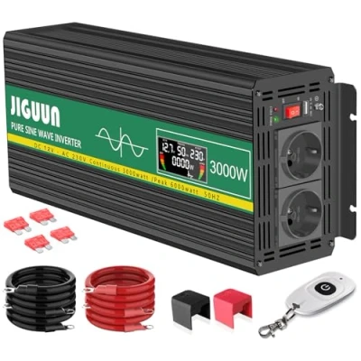 Bild av JIGUUN 3000W inverter 12V 230V ren sinus spänningsomvandlare med 2 EU uttag &amp; 2.4A USB utgång Trådlös fjärrkontroll och LCD display Peak Power 6000W för lastbil Camping Emergency
