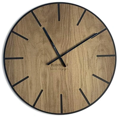 Bild av FLEXISTYLE EKO stor väggklocka utan tickande ljud trä konst svart 60 cm, vardagsrum, sovrum, tillverkad i EU
