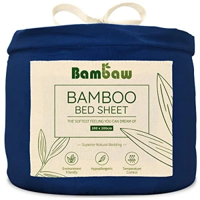 Bild av Bambaw Bamboo Fitted Sheet, 200 x cm, Cooling Allergy Sufferers Bedding Set, Soft and Breathable Summer Sheets, Blue