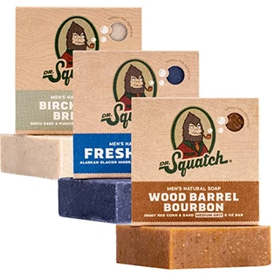 Bild av Dr. Squatch All Natural Soap Bar for Men, 3 Variety Pack Birchwood Breeze, Fresh Falls, Wood Barrel Bourbon