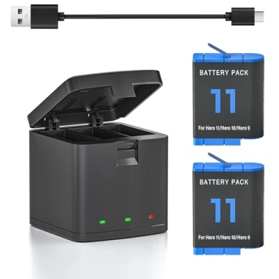 Bild av NATNO Batteriladdare för GoPro Hero 12/11/10/9/Creator Edition, 2 förpackningar 1800 mAh batterier med 3 laddningsplatser, kompatibla 12/11/10/9 (1 laddare + batterier)