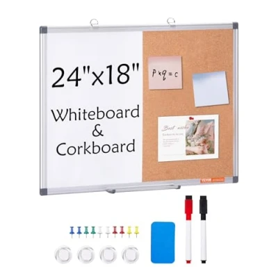 Bild av VEVOR 24 tum x 18 whiteboard och korkbrädskombination med aluminiumram 2 i 1 magnetisk torr radering anslagstavla för väggmontering perfekt skola, hem, kontor