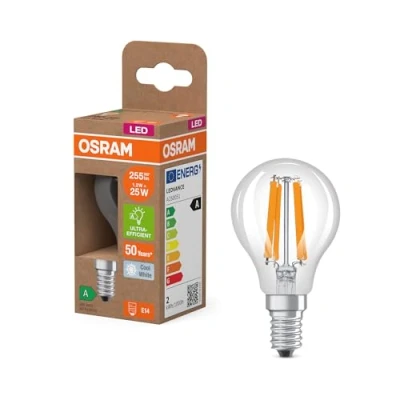 Bild av Lampa LED OSRAM w klasycznym kształcie mini kuli, z ozdobnym żarnikiem LED, klasa efektywności energetycznej A, E14, 1,2 W, 255 lm, 4000 K, zimna biel. Bez nagrzewania, od razu 100% światła.