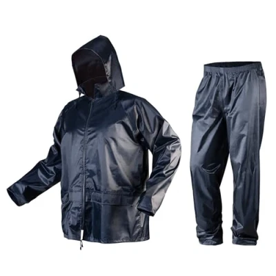 Bild av NEO TOOLS Regnset för män, regnrock med huva och regnbyxor, storlek M XXXL, limmade sömmar, dragkedjor fickor skyddade från vatten, ventilationsöppningar, 100% polyester 170 g/m2