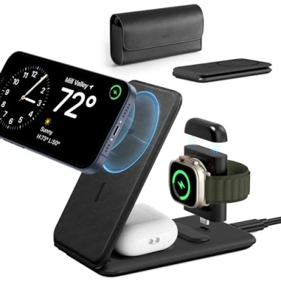 Bild av ESR 3 i 1 reseladdare, kompatibel med MagSafe laddare, designad för Apple Watch certifierad, vikbar laddningsstation tillverkad och iPhone 15/14/13/12/AirPods Pro adapter, svart