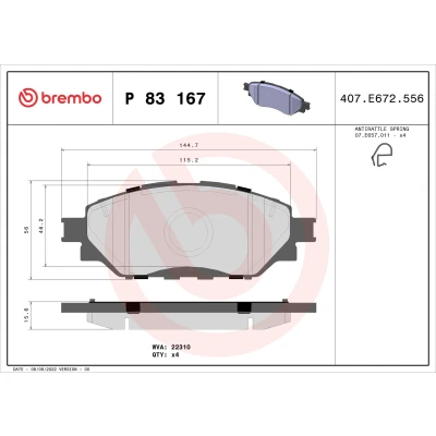 Bild av BREMBO P 83 167 Jeu de plaquettes frein avec indicateur d&#039;usure tôle anti bruit sans accessoires TOYOTA: Hilux VIII Pick up, Fortuner II