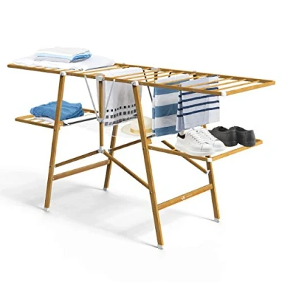 Bild av VOUNOT Deluxe vikbar tvättställ, stor expansion 165 x 56 90 cm, torkkapacitet 20 M stretchig torktumlare på fot Max belastning 25 kg färg imitation trä