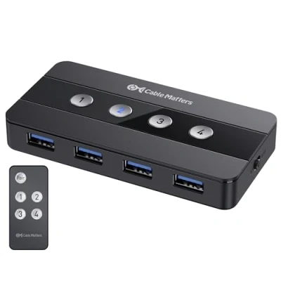 Bild av Cable Matters 4 port USB 3.0 Switch Hub delningsomkopplare för datorer och kringutrustning Knapp eller trådlös fjärrkontrollbyte Inkluderar C adapter Thunderbolt 3