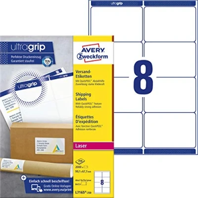 Bild av AVERY Zweckform L7165 250 fraktetiketter/fraktdekal (2 000 etiketter med ultragrip, 99,1 x 67,7 mm till A4, tryckbar, självhäftande, för DIN B4/C4 kuvert och fraktrullar) ark, vit