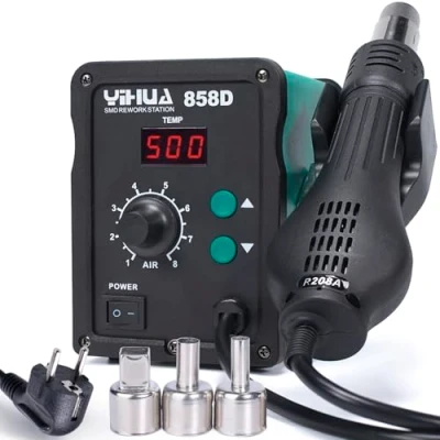 Bild av YIHUA 858D Hot Air Rework Station 700W för SMD lödning och avlödning med justerbar temperatur, luftvolym, PID temperaturkontroll, automatisk start/stoppfunktion, 3 varmluftsmunstycken