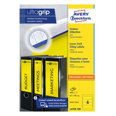 Bild av Pärmetiketter självhäftande 192 x 61mm Avery L4769 20 gul 80st