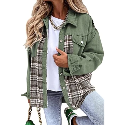 Bild av Denim jacka dam, damjeansjacka, svart sömnad, rutig kavaj, långärmad, knäppning, pojkvän, jeansjacka, vintage, nödställd överdimensionerad avslappnad övergång, offshoot blusar