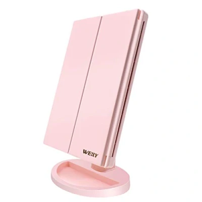 Bild av WEILY sminkspegel med belysning, vikbar 1 X/2 x 3 förstoring, touch bordsspegel stöd USB och batteri (rosa)